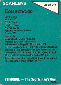 1988 Scanlens VFL #118 David Cloke Back
